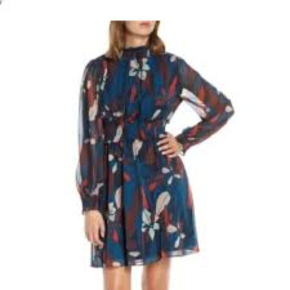 NWOT FOREST LILY Blue Floral Chiffon Dress Smocked Long Sheer Sleeve Size Small - Picture 2 of 16